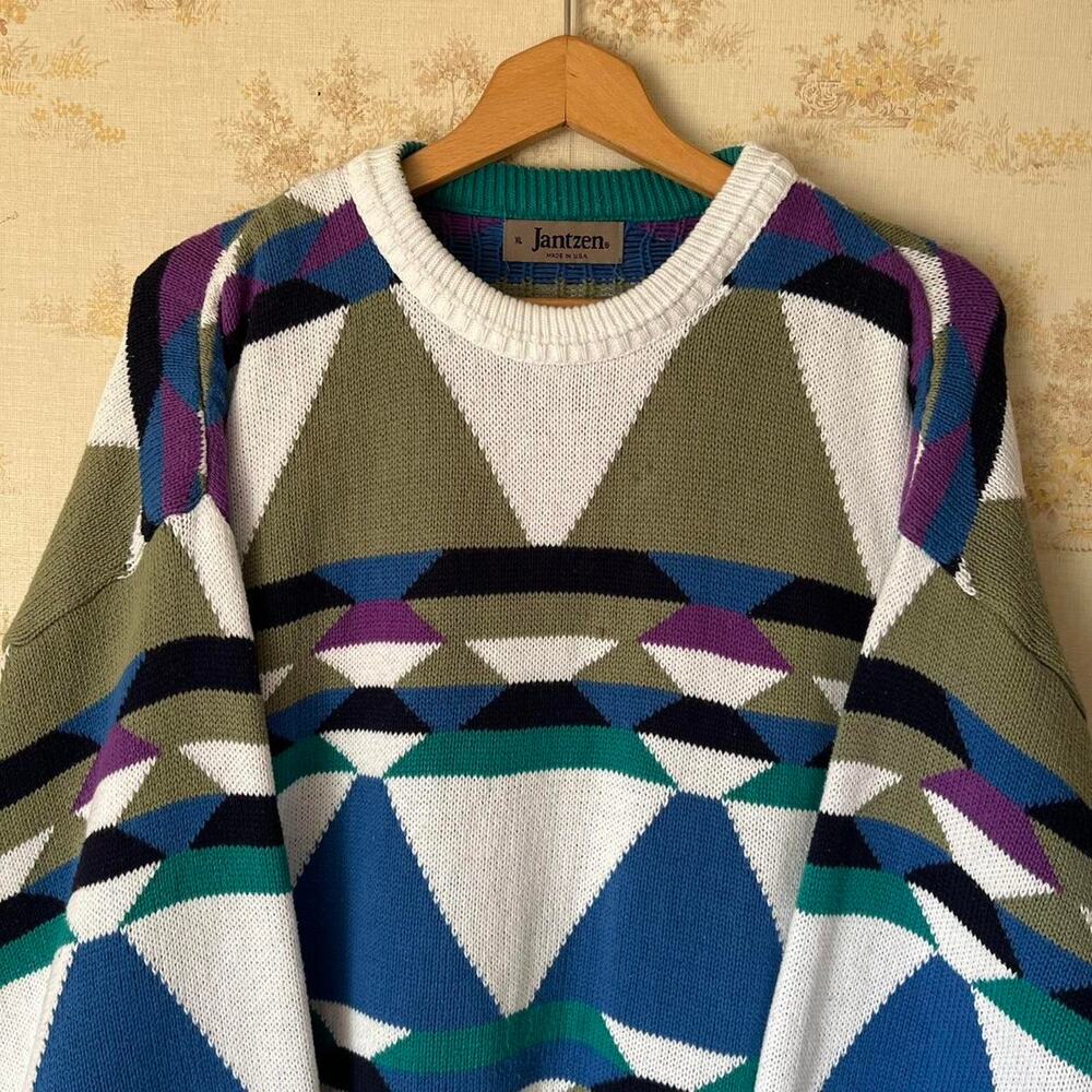 Vintage 90s Jantzen Geometric Sweater | Heavyweight Colorblock Knit | XL - Picture 2 of 8
